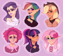 Size: 2900x2600 | Tagged: safe, artist:villjulie, imported from derpibooru, applejack, fluttershy, pinkie pie, rainbow dash, rarity, twilight sparkle, human, clothes, cowboy hat, digital art, ear piercing, elf ears, female, flower, flower in hair, freckles, hat, humanized, lipstick, mane six, piercing, smiling, stetson