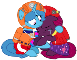 Size: 1203x939 | Tagged: safe, artist:徐詩珮, imported from derpibooru, fizzlepop berrytwist, spring rain, tempest shadow, pony, unicorn, series:sprglitemplight diary, series:sprglitemplight life jacket days, series:springshadowdrops diary, series:springshadowdrops life jacket days, alternate universe, base used, clothes, crying, cutie mark, cutie mark on clothes, duo, eyelashes, female, frown, helmet, hug, lesbian, lifeguard, lifeguard spring rain, mare, marshall (paw patrol), paw patrol, paw prints, shipping, simple background, sitting, springshadow, transparent background, whistle, zuma (paw patrol)