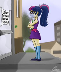 Size: 2081x2464 | Tagged: safe, artist:oinktweetstudios, imported from derpibooru, sci-twi, twilight sparkle, equestria girls, book, closed, clothes, coronavirus, covid-19, door, human coloration, library, mask, socks