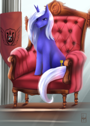 Size: 1524x2124 | Tagged: safe, artist:c_vonbear, imported from derpibooru, oc, oc only, oc:platinum chalice, unicorn, bust, commission, family crest, female, mare, portrait, sitting