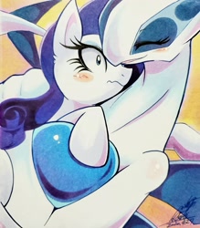 Size: 1794x2048 | Tagged: safe, artist:025aki, imported from derpibooru, rarity, lugia, pony, unicorn, blushing, eyes closed, female, hug, mare, not sure if want, pokémon, smiling, traditional art, worried