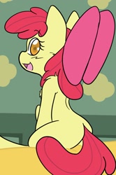 Size: 1231x1855 | Tagged: safe, artist:larrykitty, artist:php156, imported from derpibooru, apple bloom, earth pony, pony, adorabloom, bloom butt, bow, butt, cute, female, filly, looking at you, looking back, looking back at you, open mouth, plot, room, sitting, solo, wingding eyes