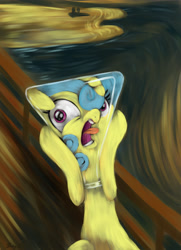 Size: 3250x4500 | Tagged: safe, artist:darksly, imported from derpibooru, lemon hearts, pony, unicorn, amending fences, cartoon physics, edvard munch, erlenmeyer flask, female, fine art parody, flaskhead hearts, high res, open mouth, screaming, solo, the scream