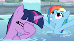 Size: 1280x720 | Tagged: safe, edit, imported from derpibooru, screencap, rainbow dash, twilight sparkle, alicorn, deep tissue memories, spoiler:deep tissue memories, spoiler:mlp friendship is forever, cute, dashabetes, duo, facehoof, happy, hot tub, ponyville spa, twilight sparkle (alicorn), water, wet mane rainbow dash