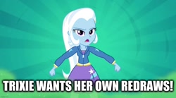 Size: 1280x714 | Tagged: safe, edit, edited screencap, imported from derpibooru, screencap, trixie, human, equestria girls, rainbow rocks, caption, image macro, impact font, meme, text, third person, trixie yells at everything