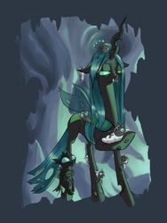 Size: 1200x1600 | Tagged: safe, alternate version, artist:rocket-lawnchair, imported from derpibooru, queen chrysalis, changeling, changeling larva, changeling queen, cute, cutealis, cuteling, female, hug, leg hug, lidded eyes, mommy chrissy, tired