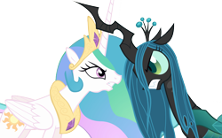 Size: 1680x1050 | Tagged: source needed, safe, edit, edited screencap, imported from derpibooru, screencap, princess celestia, queen chrysalis, alicorn, changeling, changeling queen, a canterlot wedding, angry, background removed, female, fight, looking at each other, not a vector, simple background, transparent background, vs