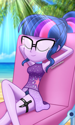 Size: 1500x2500 | Tagged: safe, artist:aryatheeditor, imported from derpibooru, sci-twi, twilight sparkle, equestria girls, armed, armpits, beach, beach chair, chair, clothes, cloud, crossed legs, cute, cutie mark, day, digital art, eyes closed, featured image, female, geode of telekinesis, glass, glasses, hands on head, headcanon, knife, leg strap, legs, magical geodes, palm tree, powerful sparkle, prepared, purple swimsuit, relaxed, relaxing, sand, sexy, sitting, sleeping, sleeveless, smiling, solo, sunlight, sunny day, swimsuit, thighs, tree, water, wave, weapon