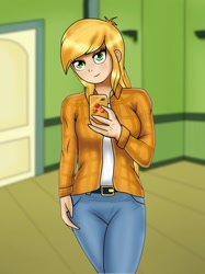 Size: 764x1024 | Tagged: safe, artist:focusb, edit, editor:thomasfan45, imported from derpibooru, applejack, human, equestria girls, bedroom, belt, blonde hair, cellphone, clothes, cute, door, female, human coloration, jacket, jeans, looking at you, pants, phone, selfie, sexy, shirt, solo