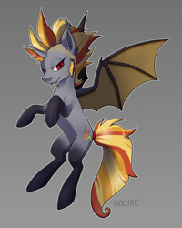 Size: 2000x2500 | Tagged: safe, artist:violyre, imported from derpibooru, oc, oc only, oc:luminous dunes, alicorn, bat pony, bat pony alicorn, pony, alicorn oc, bat wings, burning mare, fangs, gray background, horn, looking at you, simple background, solo, wings