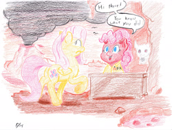 Size: 2383x1798 | Tagged: safe, artist:lost marbles, imported from derpibooru, fluttershy, pinkie pie, clothes, colored pencil drawing, devil, devil horn, devil horns, heck, hell, lava, shirt, traditional art, volcano, your pretty face is going to hell