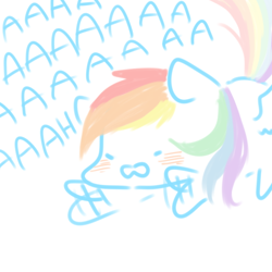 Size: 550x550 | Tagged: safe, artist:shining-dog, imported from derpibooru, rainbow dash, pegasus, pony, aaaaaaaaaa, blushing, cute, dashabetes, female, motion lines, open mouth, partial color, prone, simple background, solo, white background