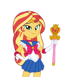 Size: 6008x7000 | Tagged: safe, artist:emeraldblast63, imported from derpibooru, sunset shimmer, equestria girls, clothes, clothes swap, cosplay, costume, crescent moon, female, gloves, jewelry, looking at you, magical girl, moon, motorcross, ribbon, sailor moon, simple background, skirt, smiling, solo, tiara, transparent background, wand