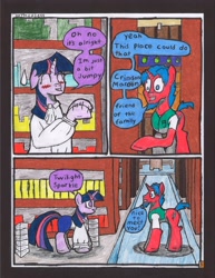 Size: 2512x3252 | Tagged: safe, artist:oatmeal155, imported from derpibooru, twilight sparkle, oc, oc:crimson maroon, pony, unicorn, comic:oat.meal, blushing, book, bookshelf, clothes, comic, dialogue, ever emerald manor, library, traditional art, unicorn twilight