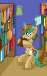 Size: 936x1500 | Tagged: safe, artist:notadeliciouspotato, imported from derpibooru, oc, oc only, oc:demi, oc:demiurgic theory, pony, unicorn, bipedal, book, bookshelf, chocolate, cute, eating, food, happy, hoof hold, librarian, library, magic, male, nom, raised hoof, smiling, solo, stallion, telekinesis