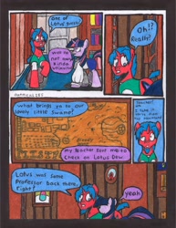 Size: 2514x3256 | Tagged: safe, artist:oatmeal155, imported from derpibooru, twilight sparkle, oc, oc:crimson maroon, unicorn, comic:oat.meal, book, bookshelf, bust, clothes, comic, dialogue, ever emerald manor, horn, library, map, portrait, traditional art, unicorn oc, unicorn twilight