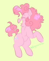 Size: 584x720 | Tagged: safe, artist:dongoverlord, imported from derpibooru, pinkie pie, earth pony, pony, cute, diapinkes, eyes closed, female, mare, open mouth, profile, simple background, solo, yellow background