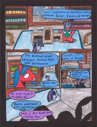 Size: 2514x3270 | Tagged: safe, artist:oatmeal155, imported from derpibooru, twilight sparkle, oc, oc:crimson maroon, pony, spider, unicorn, comic:oat.meal, book, bookshelf, bust, comic, desk, dialogue, ever emerald manor, horn, library, portrait, traditional art, unicorn oc, unicorn twilight