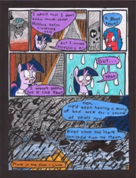 Size: 2512x3272 | Tagged: safe, artist:oatmeal155, imported from derpibooru, twilight sparkle, oc, oc:crimson maroon, pony, spider, unicorn, comic:oat.meal, blushing, comic, dialogue, ever emerald manor, horn, rain, stairs, sweat, sweatdrop, traditional art, unicorn oc, unicorn twilight