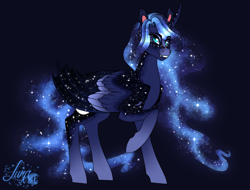 Size: 1886x1432 | Tagged: safe, artist:djspark3, imported from derpibooru, princess luna, alicorn, pony, blue background, curved horn, ethereal mane, fangs, female, galaxy mane, galaxy tail, horn, hybrid wings, mare, redesign, simple background, slit eyes, slit pupils, smiling, solo, wings