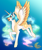 Size: 1546x1840 | Tagged: safe, artist:djspark3, imported from derpibooru, princess celestia, alicorn, pony, blaze (coat marking), blue background, coat markings, colored wings, ethereal mane, ethereal tail, facial markings, female, galloping, hair over one eye, mare, multicolored wings, redesign, simple background, smiling, solo, star (coat marking), wings