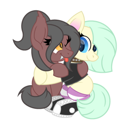 Size: 1800x1800 | Tagged: safe, artist:ponkus, imported from derpibooru, oc, oc:arrell, oc:ashy night, bat pony, earth pony, pony, :p, cute, fangs, female, hug, mare, one eye closed, simple background, slit eyes, slit pupils, tongue out, transparent background, wink