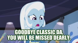 Size: 1280x720 | Tagged: safe, edit, edited screencap, imported from derpibooru, screencap, trixie, equestria girls, guitar centered, rainbow rocks, caption, deviantart, image macro, imgflip, implied deviantart, meme, sad, text, trixie yells at everything