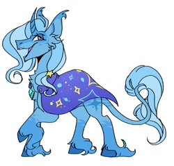 Size: 1362x1301 | Tagged: safe, artist:rockin_candies, imported from derpibooru, trixie, pony, unicorn, alternate design, cape, clothes, curved horn, ear tufts, female, horn, leonine tail, open mouth, raised hoof, simple background, smiling, solo, trixie's cape, unshorn fetlocks, white background