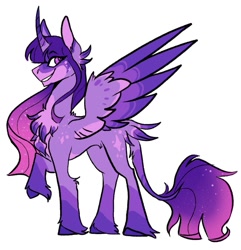 Size: 963x1000 | Tagged: safe, artist:rockin_candies, imported from derpibooru, twilight sparkle, alicorn, pony, alternate design, butt feathers, chest fluff, curved horn, female, horn, leonine tail, raised hoof, simple background, smiling, solo, spread wings, twilight sparkle (alicorn), unshorn fetlocks, white background, wings