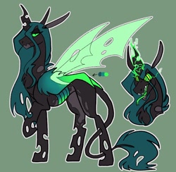 Size: 1000x975 | Tagged: safe, artist:rockin_candies, imported from derpibooru, queen chrysalis, changeling, changeling queen, alternate design, big ears, fangs, female, forked tongue, glowing, glowing eyes, glowing horn, horn, leonine tail, magic, open mouth, redesign, reference sheet, simple background, slit pupils, solo, spread wings, swirly eyes, teeth, tongue out, wings