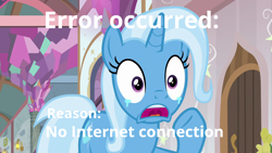 Size: 1280x720 | Tagged: safe, edit, edited screencap, imported from derpibooru, screencap, trixie, pony, unicorn, a horse shoe-in, caption, crying, every gamers worst nightmare, female, image macro, mare, meme, online error text, raised hoof, sad, shocked, shocked expression, solo, text, trixie yells at everything, worried, yelling