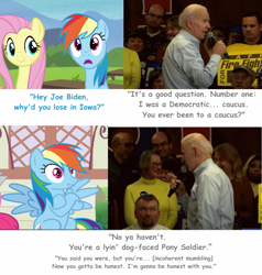 Size: 848x891 | Tagged: safe, artist:twiface, edit, edited screencap, imported from derpibooru, imported from ponybooru, screencap, fluttershy, rainbow dash, human, pegasus, pony, 2020 election, crossed hooves, dialogue, female, irl, irl human, joe biden, male, mare, microphone, photo, politics, scrunchy face, spread wings, wings