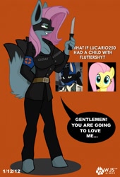 Size: 871x1280 | Tagged: safe, artist:wolfjedisamuel, imported from derpibooru, fluttershy, oc, oc only, oc:luciashy, anthro, unguligrade anthro, breasts, digital art, female, knife, solo, speech bubble, spy, tail, team fortress 2, text