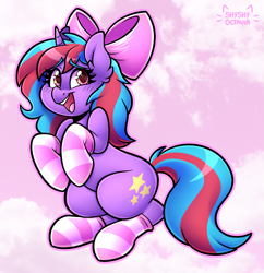 Size: 2929x3026 | Tagged: safe, artist:shyshyoctavia, imported from derpibooru, oc, oc only, oc:cosmic spark, pony, unicorn, bow, clothes, female, hair bow, mare, socks, solo, striped socks