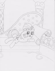 Size: 2550x3300 | Tagged: safe, artist:victoriathedragoness, imported from derpibooru, rarity, spike, pony, unicorn, butt, carousel boutique, chaise, fainting couch, female, hoof on cheek, implied spike, laying on stomach, lineart, lying down, male, mare, monochrome, offscreen character, plot, presenting, prone, raised arm, rearity, sexy, shipping, smiling, solo, sparity, spread legs, spreading, straight, sultry, sultry pose