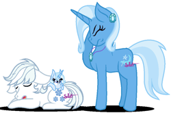 Size: 839x554 | Tagged: safe, artist:cloefo05, imported from derpibooru, double diamond, trixie, oc, pony, unicorn, doubletrix, ear piercing, earring, facehoof, family, female, filly, jewelry, male, mare, necklace, offspring, parent:double diamond, parent:trixie, parents:doubletrix, piercing, shipping, simple background, sleeping, stallion, straight, white background