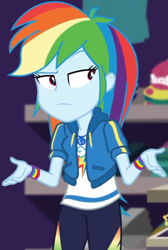 Size: 643x955 | Tagged: safe, imported from derpibooru, screencap, rainbow dash, equestria girls, equestria girls series, holidays unwrapped, spoiler:eqg series (season 2), canterlot mall, cap, clothes, cloud, cropped, dashing through the mall, female, geode of super speed, hat, hoodie, jacket, jewelry, lidded eyes, magical geodes, merchandise, necklace, pants, pockets, rainbow, raised eyebrow, shirt, short sleeves, solo, store, t-shirt, thunderbolt, unamused, wristband