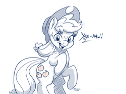 Size: 3024x2280 | Tagged: safe, artist:dilarus, deleted from derpibooru, imported from derpibooru, applejack, earth pony, pony, applejack's hat, construction lines, cowboy hat, dialogue, digital art, female, freckles, hat, looking at you, mare, monochrome, rearing, signature, simple background, solo, white background, yeehaw