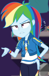 Size: 618x948 | Tagged: safe, imported from derpibooru, screencap, rainbow dash, equestria girls, equestria girls series, holidays unwrapped, spoiler:eqg series (season 2), annoyed, canterlot mall, clothes, cloud, cropped, cute, dashabetes, dashing through the mall, female, geode of super speed, hand on hip, hoodie, jacket, jewelry, lidded eyes, magical geodes, necklace, pants, pockets, rainbow, raised eyebrow, shirt, short sleeves, solo, store, t-shirt, talking, thunderbolt, unamused, wristband