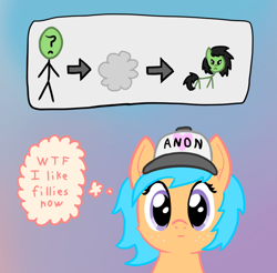 Size: 908x892 | Tagged: safe, artist:craftycirclepony, derpibooru exclusive, imported from derpibooru, oc, oc only, oc:anon, oc:filly anon, oc:little league, earth pony, human, pony, :|, angry, arrow, baseball cap, blank stare, bust, cap, cheek fluff, duo, ear fluff, female, filly, freckles, frown, gradient background, hat, heart, looking at you, male, poof, thought bubble, transformation, wtf