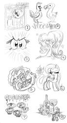 Size: 548x1000 | Tagged: safe, artist:kabukihomewood, imported from derpibooru, derpy hooves, discord, fluttershy, princess celestia, scootaloo, alicorn, bird, butterfly, chicken, draconequus, pegasus, pony, fanfic:cupcakes, alcohol, cupcake, cutie mark, dodo, eyes closed, food, glass, grayscale, hoof hold, implied applejack, implied berry punch, implied pinkamena, implied pinkie pie, implied rainbow dash, implied rarity, implied twilight sparkle, looking at you, monochrome, muffin, onomatopoeia, open mouth, scootachicken, scootadodo, smiling, stamp, stare, t shirt design, the stare, tree, vine, wine, wine bottle, wine glass, wip, yin-yang