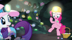 Size: 1920x1080 | Tagged: safe, imported from derpibooru, screencap, pinkie pie, rarity, bat, earth pony, pony, unicorn, dragon dropped, basket, female, gem, gem cave, helmet, magic, mare, mining helmet