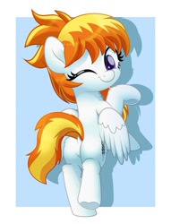 Size: 800x1047 | Tagged: safe, artist:jhayarr23, imported from derpibooru, oc, oc only, oc:light speed, oc:lightspeed, pegasus, pony, bipedal, butt, dock, female, looking at you, looking back, looking back at you, looking over shoulder, mare, one eye closed, plot, solo, wink