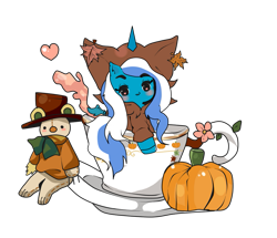 Size: 963x830 | Tagged: safe, artist:gitsudoptions, imported from derpibooru, oc, oc:fleurbelle, alicorn, pony, alicorn oc, autumn, cupcake, female, food, horn, mare, pumpkin, simple background, tea, teddy bear, transparent background, wings