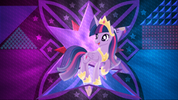 Size: 3840x2160 | Tagged: safe, artist:laszlvfx, artist:limedazzle, edit, imported from derpibooru, twilight sparkle, alicorn, pony, the last problem, alternate design, crown, female, folded wings, hoof shoes, jewelry, mare, open mouth, princess twilight 2.0, regalia, solo, twilight sparkle (alicorn), wallpaper, wallpaper edit, wings