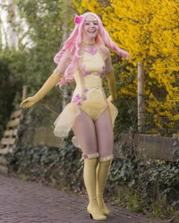 Size: 999x1250 | Tagged: safe, artist:raspbearyart, artist:sweetmaracosplay, imported from derpibooru, fluttershy, human, clothes, cosplay, costume, evening gloves, gloves, irl, irl human, leotard, long gloves, photo, smiling, smiling at you