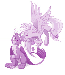 Size: 1280x1466 | Tagged: safe, artist:dstears, imported from derpibooru, gallus, silverstream, griffon, hippogriff, bandage, blushing, cute, diastreamies, digital art, female, first aid kit, gallabetes, gallstream, kiss on the head, male, monochrome, shipping, simple background, smiling, straight, white background