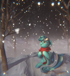 Size: 2000x2160 | Tagged: safe, artist:gelei, artist:mirroredsea, imported from derpibooru, lyra heartstrings, pony, unicorn, 3d, 3d model, blender, chromatic aberration, clothes, female, forest, mare, night, render, scarf, sitting, snow, snowfall, snowflake, solo, tree, winter