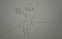 Size: 2436x1536 | Tagged: safe, artist:peternators, imported from derpibooru, oc, oc only, oc:heroic armour, pony, unicorn, colt, male, monochrome, sketch, solo, sports, teenager, tennis, tennis ball, tennis racket, traditional art