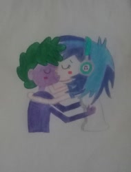 Size: 2069x2728 | Tagged: safe, imported from derpibooru, dj pon-3, spike, vinyl scratch, human, pony, equestria girls, female, hug, human spike, humanized, kissing, male, shipping, spike kisses all equestria girls, spikelove, straight, traditional art, vinylspike